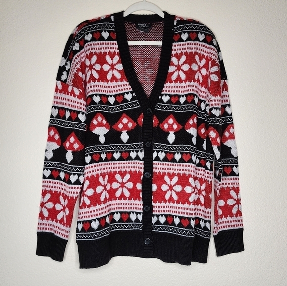 Hot Topic Mushrooms & Hearts Fair Isle  Cardigan Sweater L - Picture 2 of 7